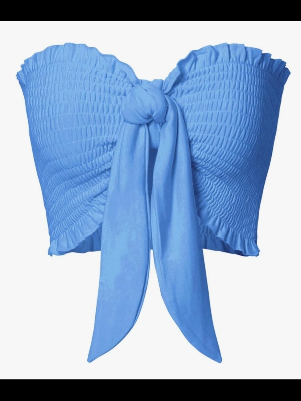 Zenana Smocked Tie-Front Strapless Crop Top — Spring Blue-sizes S,M,L,XL